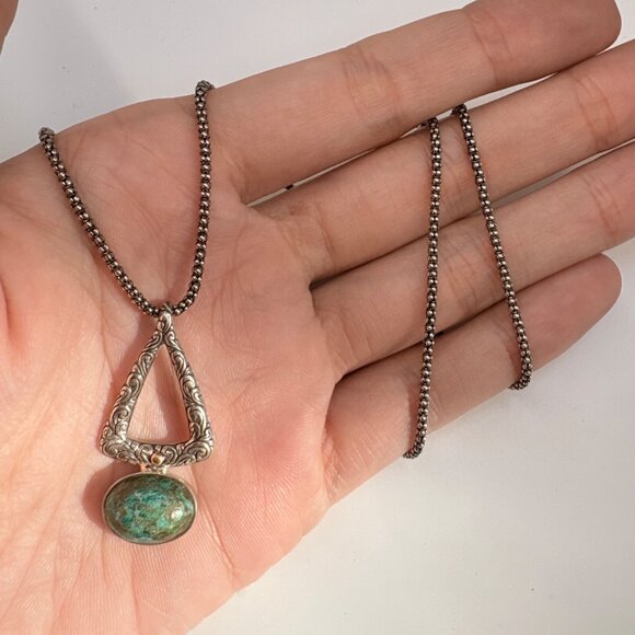 Sterling Silver 925 & 18k Gold Chrysocolla Bezel Set Pendant Necklace 18" Length - Picture 5 of 16